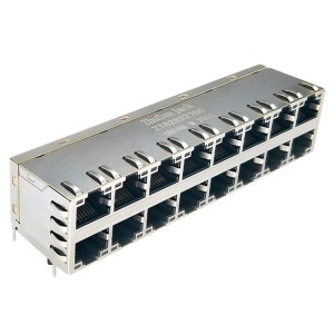 SS73100-047F 16 Port Modular Jack 2×8 Stacked Ethernet RJ45 Connector without magnetics