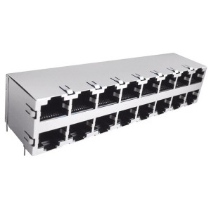 SS73100-047F 16 Port Modular Jack 2×8 Stacked Ethernet RJ45 Connector without magnetics